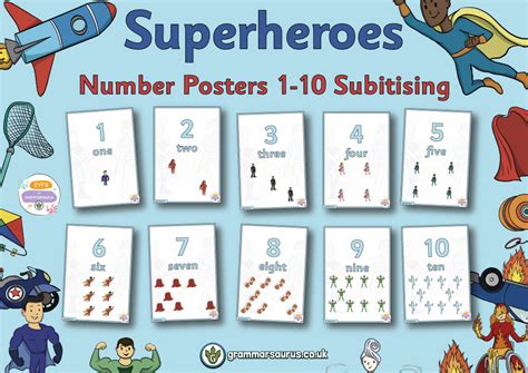 EYFS Superheroes Number Posters 1 10 Subitising Grammarsaurus