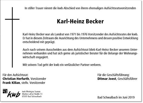 Traueranzeigen Von Karl Heinz Becker Vrm Trauerde