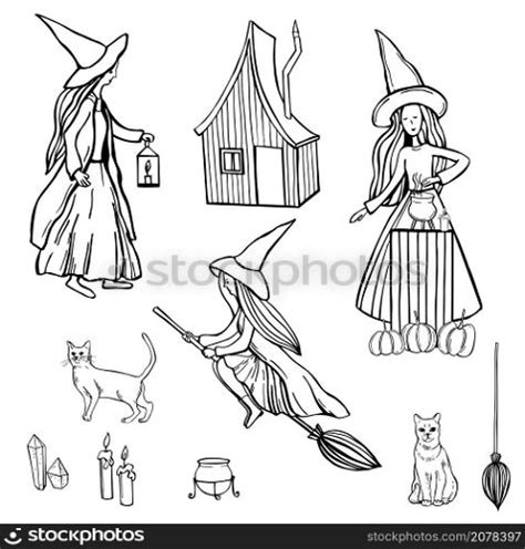 Hand drawn halloween witches. Vector sketch illustration.. Halloween ...