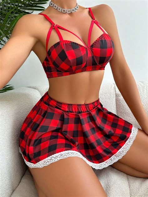 Women S Sexy Plaid Hollow Out Lace Patchwork Lingerie Set Shein Usa