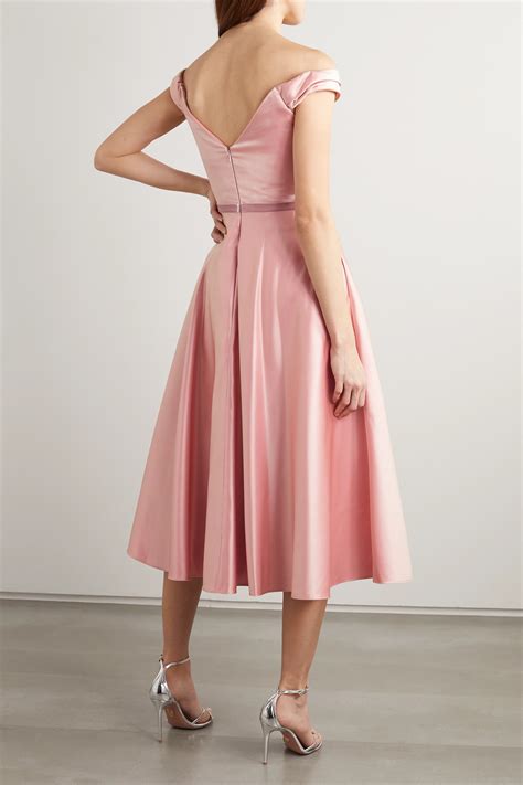 Marchesa Notte Off The Shoulder Velvet Trimmed Duchesse Satin Midi Dress In Pink Modesens