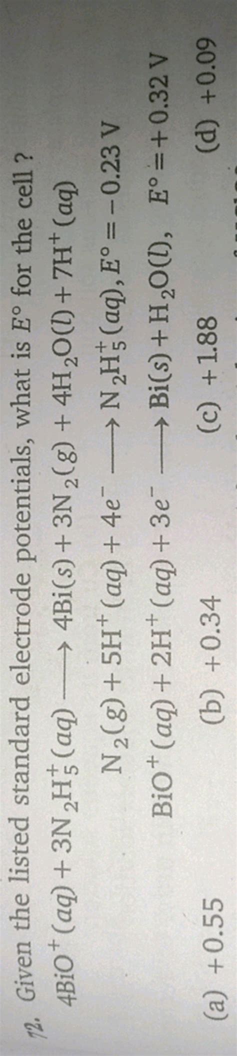 Given The Listed Standard Electrode Potentials What Is E For The Ce