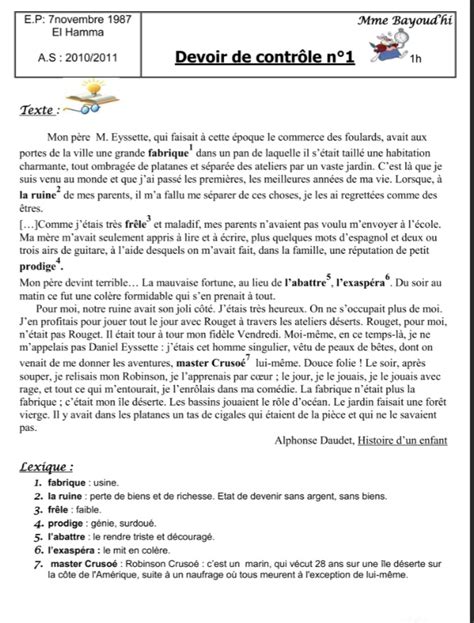 9 ème التاسعة أساسي Français Devoir de controle 1 9éme année