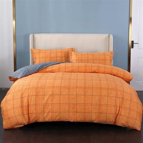 Mengersi Plaid Duvet Cover Set Twin Sizegray Orange Plaid Reversible Bedding