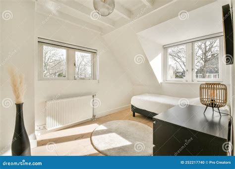 Mansard Bedroom With Minimalist Interior Design Stock Photo Image Of