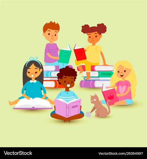 Kids reading in circle on a pile books with cat Vector Image