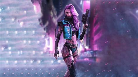 Cyberpunk Fille Avec Arme Science Fiction Futuriste Cyborg Fond D