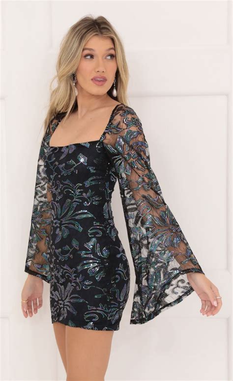 Elly Black Mesh Sequin Flare Sleeve Dress In Navy Lucy In The Sky