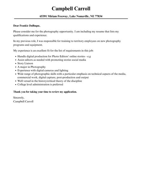 Photography Cover Letter Velvet Jobs