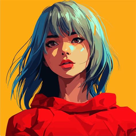 Una Pintura De Una Mujer Con Cabello Azul Y Un Su Ter Rojo Vector