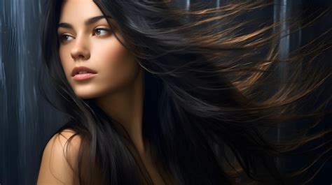 Premium Ai Image A Young Woman With Glossy Raven Hair In A Long Layered Style Exuding Natural