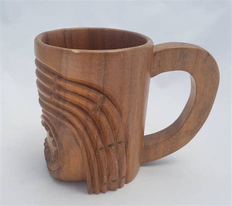 Wood Carved Mug Hand Carved Wooden Cup Tribal Face Tiki Etsy