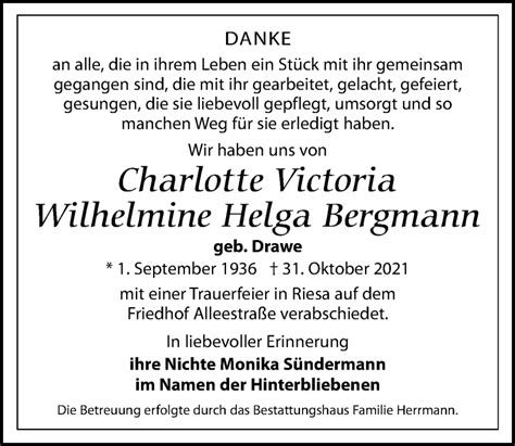 Traueranzeigen Von Charlotte Victoria Wilhelmine Helga Bergmann