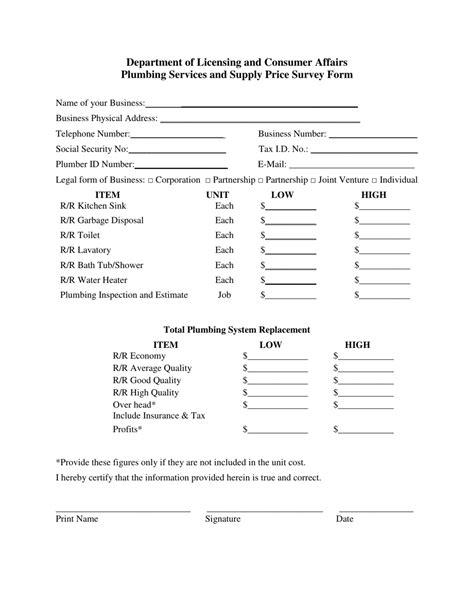 Virgin Islands Plumbing Services And Supply Price Survey Form Fill