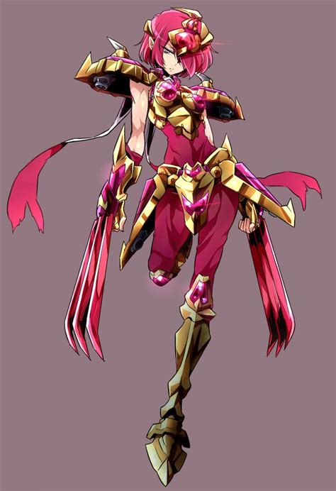 An Anime Character With Pink Hair And Gold Armor Holding Her Arms Out