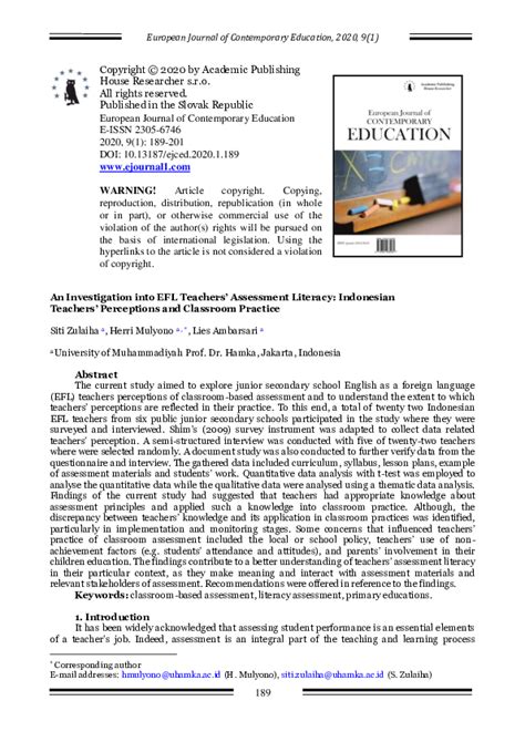 Pdf An Investigation Into Efl Teachers Assessment Literacy