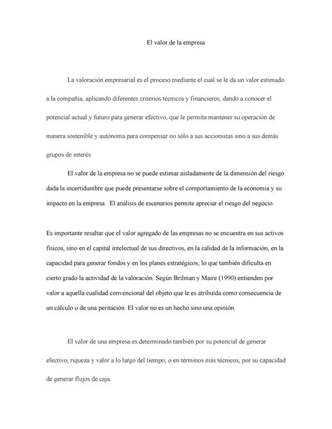 El Valor De La Empresa Ensayo El Valor De La Empresa La Valoración Empresarial Es El Proceso