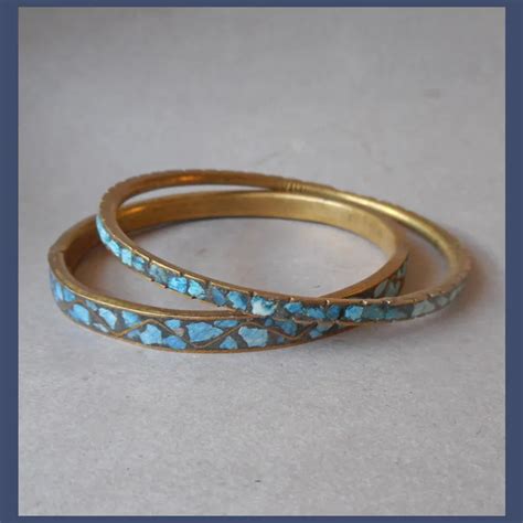 Vintage Brass Turquoise Blue Tinted Mosaic Inlay Bangle Bracelets