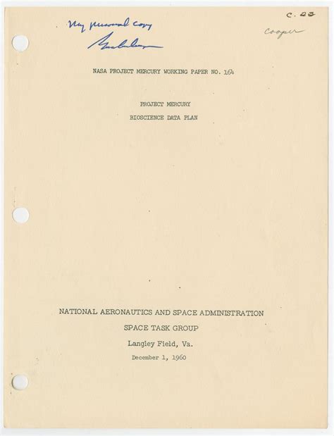 Mercury Astronaut Gordon Cooper S Signed Bioscience Data Plan For