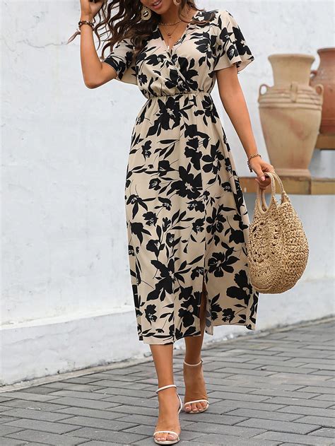 Shein Vcay Vestido Con Estampado Floral De Manga Mariposa De Muslo Con