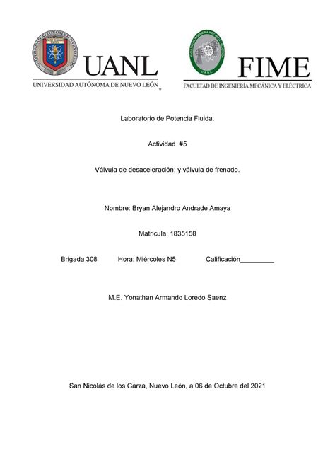 Practica 5 Potencia Fluida Laboratorio De Potencia Fluida Actividad Válvula De