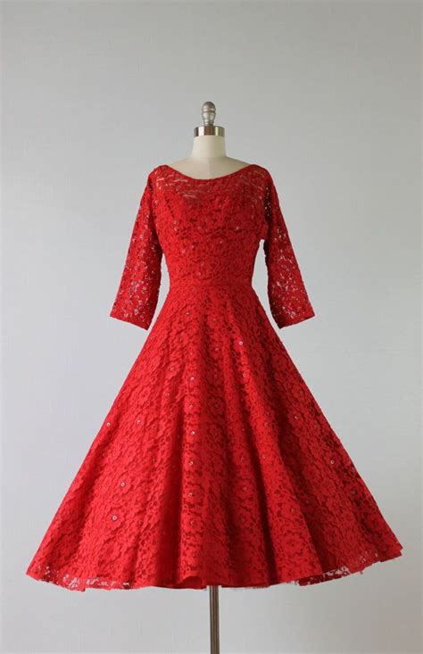 1950s Dress 50s Red Dress Red Lace Party Dress Poppy Red Dress