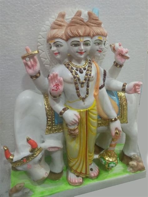 Painted Hindu Marble Dattatreya Statue For Worship Size 2 Feet In