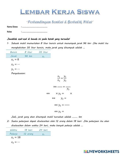 Tugas 5 Perbandingan Senilai And Perbandingan Berbalik Nilai Worksheet Live Worksheets