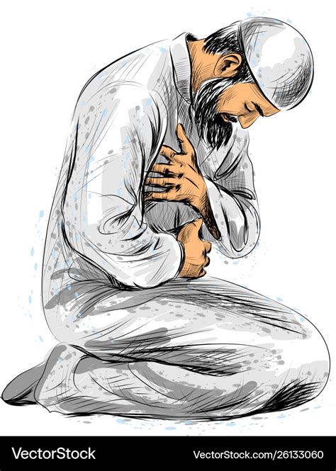 Muslim Man Praying Hand Drawn Sketch On White Vector Image