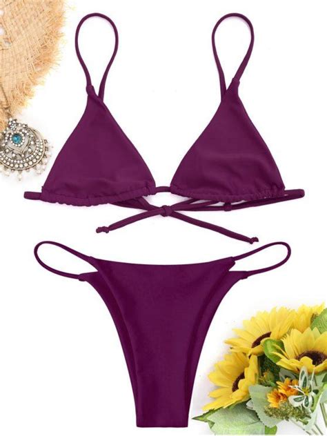 Off Popular Bralette Thong String Bikini Set In Purplish