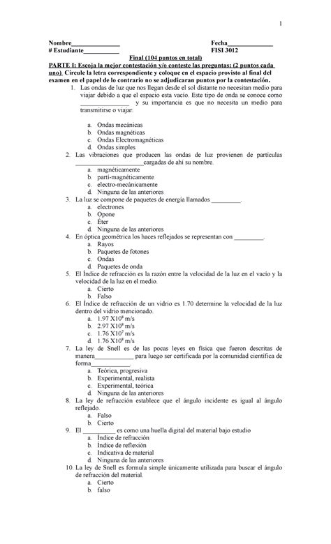 Repaso DEL Examen Final FISI 3172 Nombre Fecha