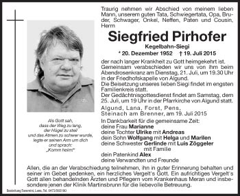 Traueranzeigen Von Siegfried Pirhofer Trauer Bz