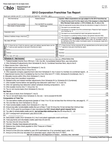 Fillable Form Ft 1120 Corporation Franchise Tax Report Ohio