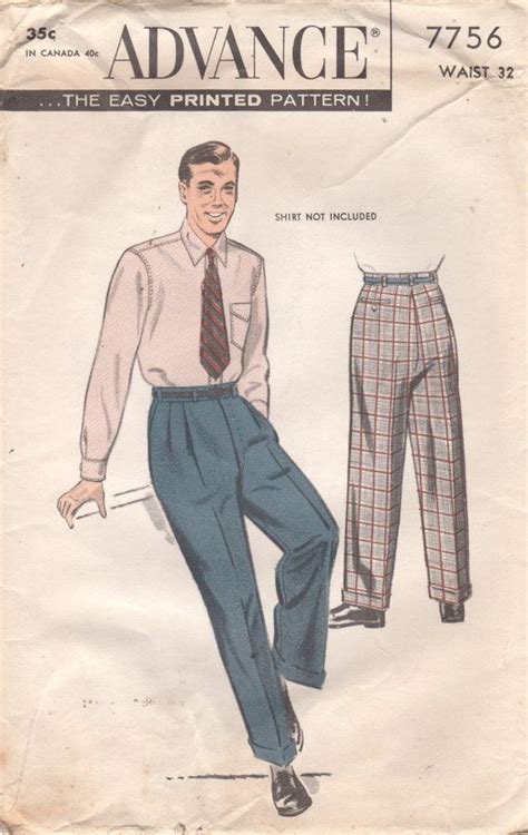 1950s Advance 7756 Mens Pleated Cuffed Pants Pattern Slacks Trousers High Waist Adult Vintage