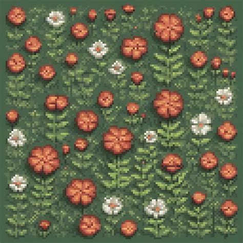 Vintage Pixel Art Cross Stitch Pattern Featuring Red And White Flowers On A Lush Green Backdrop