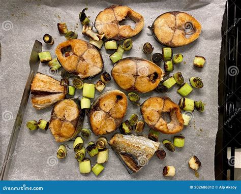 Bonito Fish Pieces With Leek And Vegetables Baked In Oven With Pan