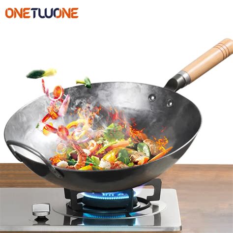 Onetwone Iron Wok With Wooden Handle Handmade Iron Pans Wok Chinese