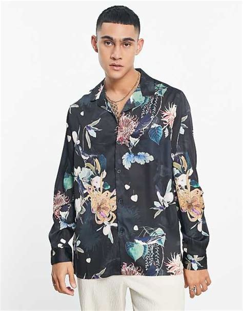 Asos Design Relaxed Deep Revere Satin Shirt In Dark Floral Print Asos