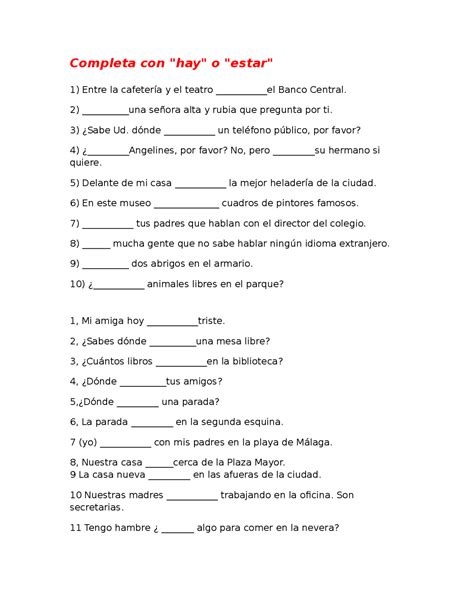 Esercizi Hay Estar Frasi Da Completare Exercises Of Spanish Docsity