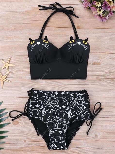 Women Cat Print Bandage High Waist Bikini Set Push Up Padded Bra Swimwear Swimsuit Bathing Suit