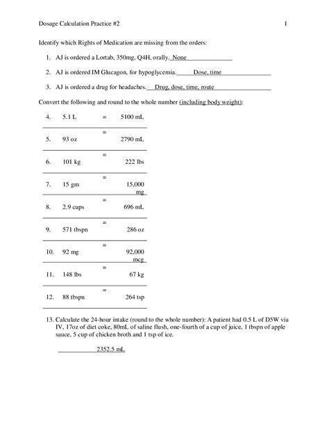 Free Printable Dosage Calculation Worksheets With Answer Key