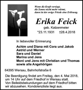 Traueranzeigen Von Erika Feick Vrm Trauer De