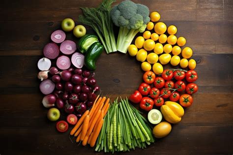 Premium AI Image | Seasonal fruits and vegetables arranged in a gradient rainbow on a rustic ...