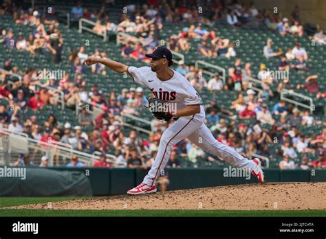 Minneapolis, US, August 28 2022: Minnesota pitcher Jorge Lopez (48) throws a pitch during the ...