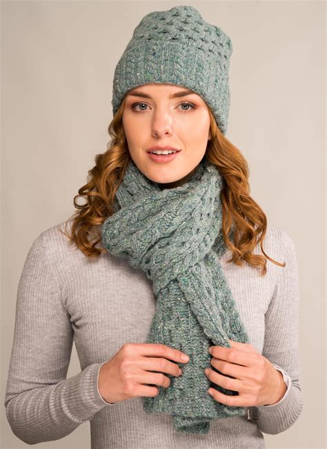 Wool Cashmere Cable Hat Scarf Set Ocean Mist Blarney