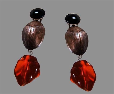 Haute Couture Egyptian Revival Scarab And Lucite Amber Earrings