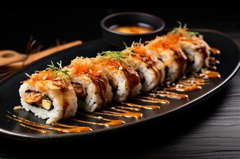 Rolo De Sushi Uramaki Con Unagi De Anguila Ahumada Cubierto Foto Premium