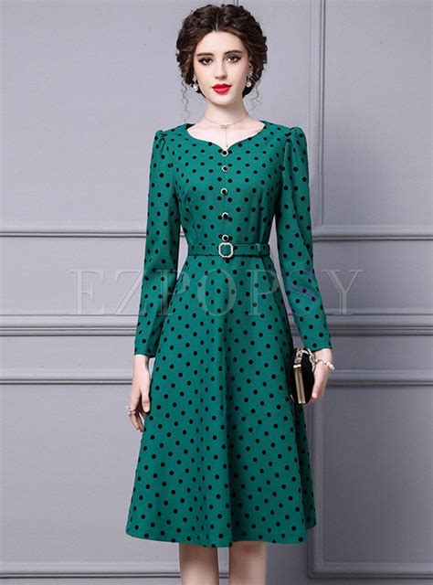 Elegant Long Sleeve Polka Dot Cocktail Dresses Knee Length Midi Dresses Tea Length Dresses