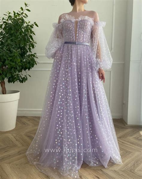 Lavender Tulle Colorful Hearts Puff Sleeve Evening Dress - Lunss