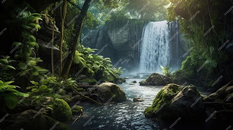 Premium AI Image | a waterfall in the jungle with a waterfall in the ...